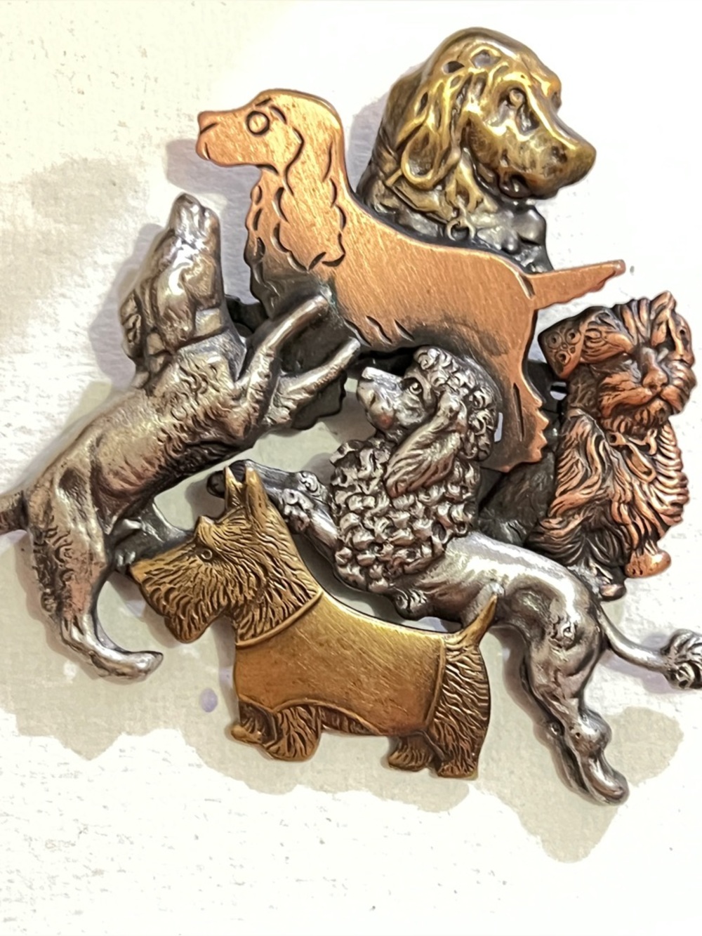 Vintage Signed K&T "Six Mutts" Mixed Metal Dog Pack Brooch Metal Dog